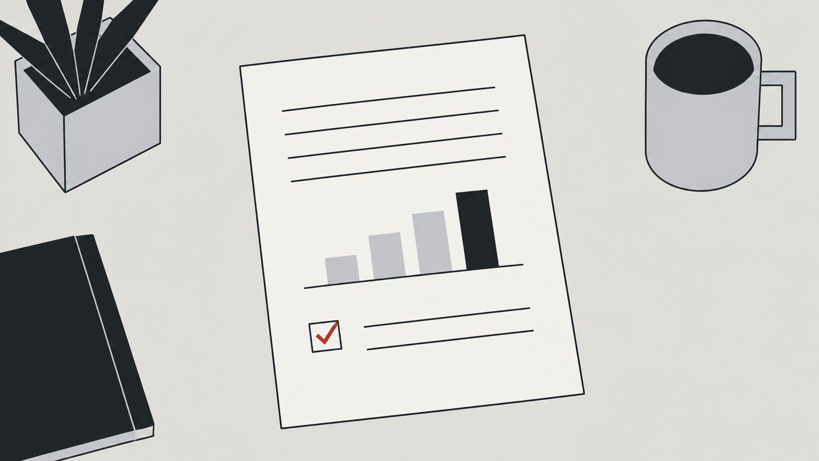 Flat paper and ink shapes suggesting a simple report