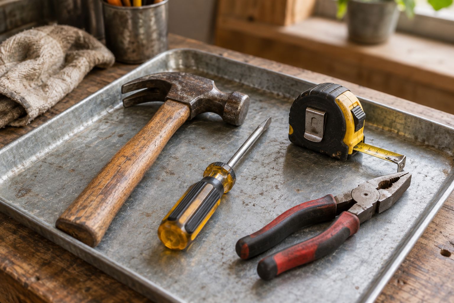 Hand tools laid out on a tray